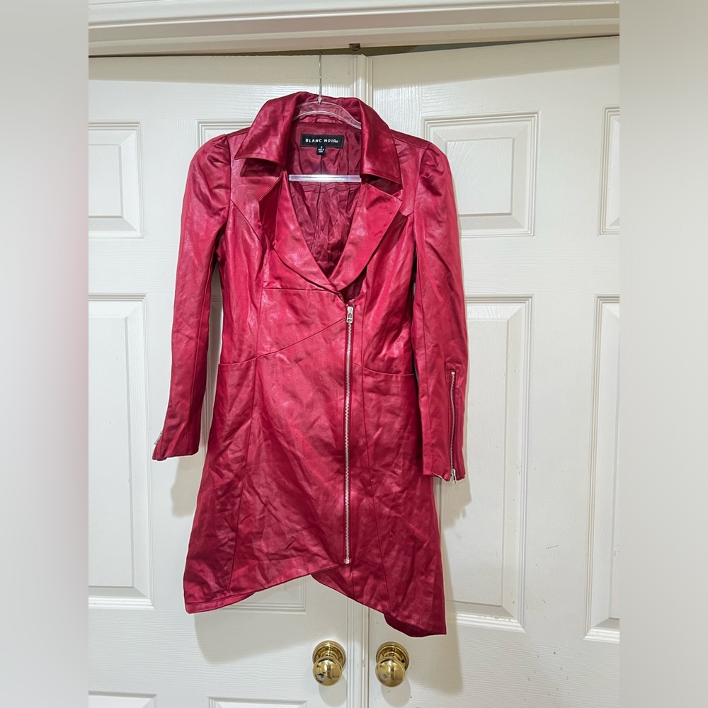 Blanc Noir Women's small Red metallic Faux Leather Full Zip Jacket chic fall